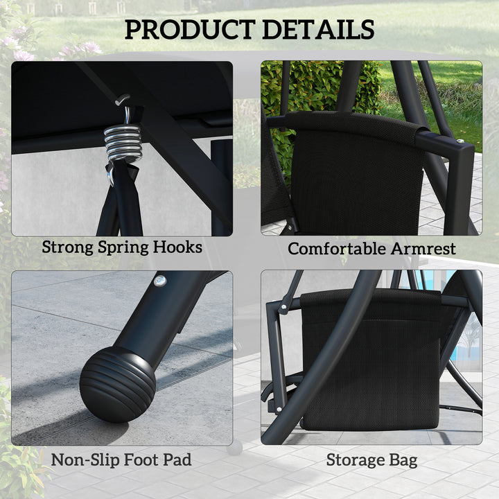 Outsunny 3 Person Porch Swing Outdoor Swing Chair with High Back Design, Side Pouches and Adjustable Canopy, Dark Grey