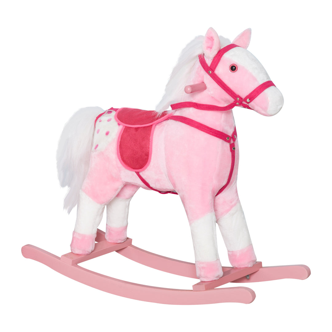 Qaba Rocking Horse Plush Pony Children Kid Ride on Toy w/ Realistic Sound (Light Pink)
