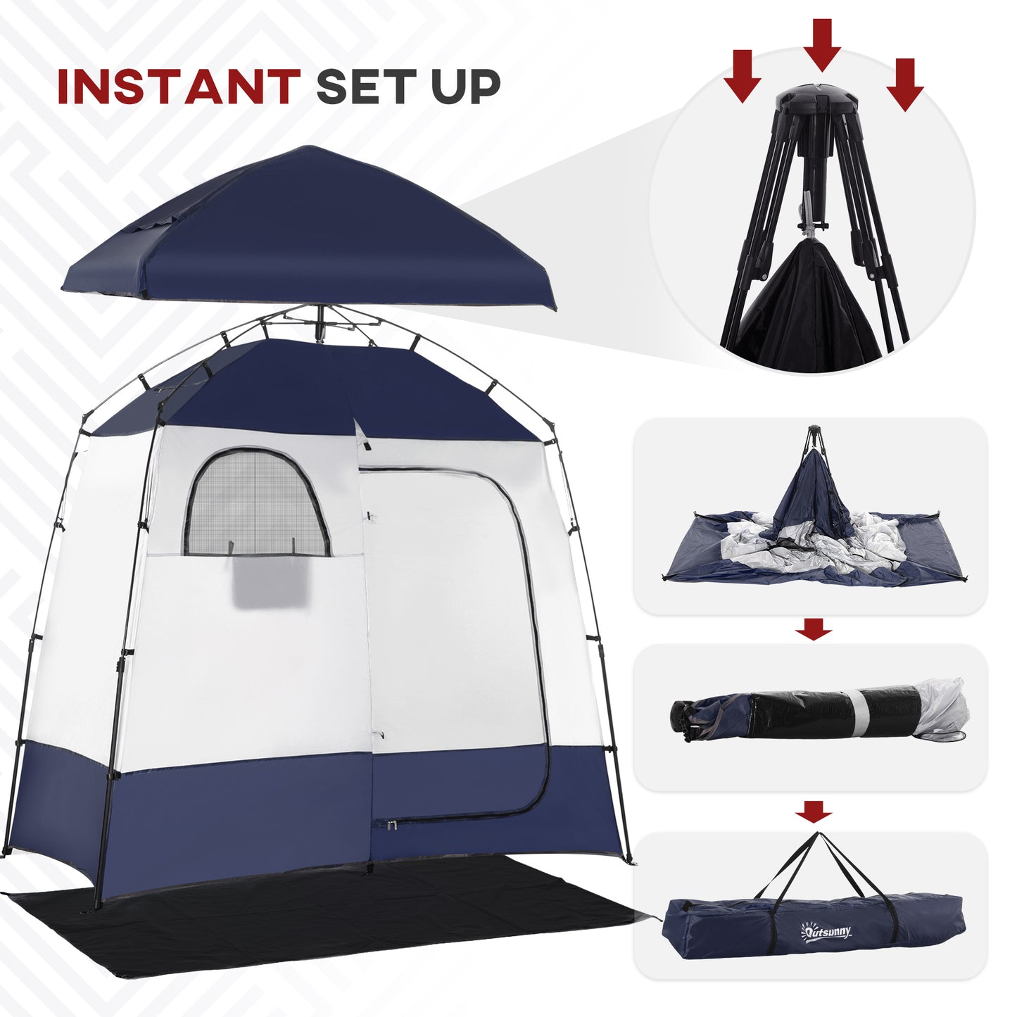 Outsunny Outdoor Portable Pop Up Shower Tent Changing Tent Privacy Enclosure with 2 Rooms, Shower Bag, Floor for Camping, Blue