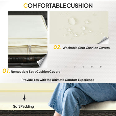 Outsunny 3 Pieces Patio Furniture Set with Cushions, Outdoor PE Rattan Wicker Conversation Corner Sofa Set with Glass Top Table and Adjustable Foot for Garden, Lawn, Cream White