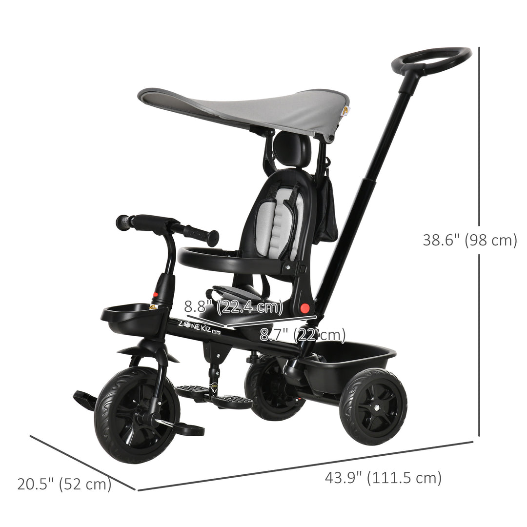 Qaba Kids Tricycle 4 In 1 Trike with Reversible Angle Adjustable Seat Removable Handle Canopy Handrail Belt Storage Footrest Brake Clutch for 1-5 Years Old Black