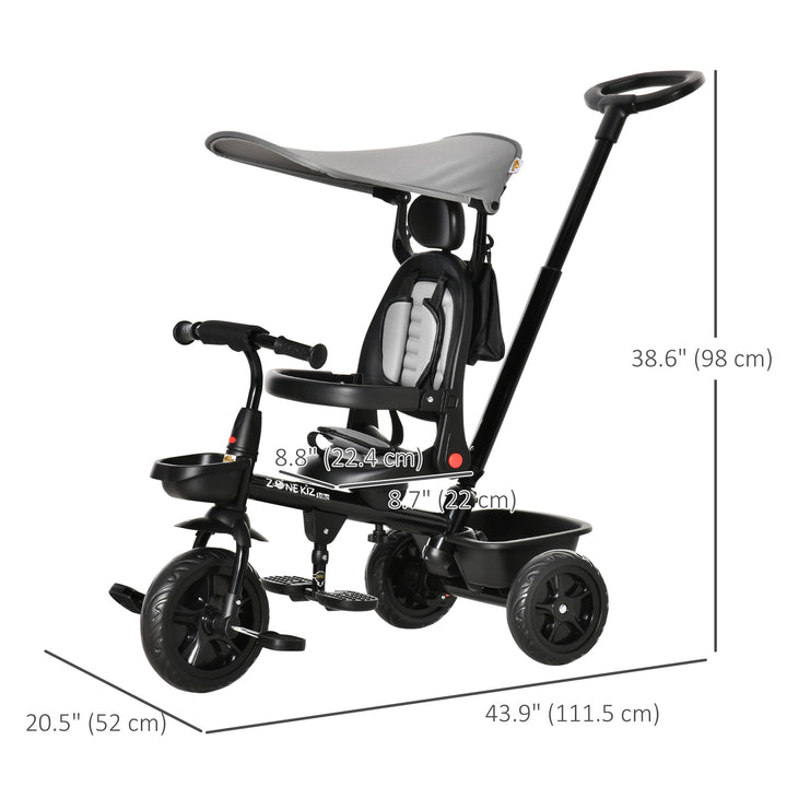 Qaba Kids Tricycle 4 In 1 Trike with Reversible Angle Adjustable Seat Removable Handle Canopy Handrail Belt Storage Footrest Brake Clutch for 1-5 Years Old Black