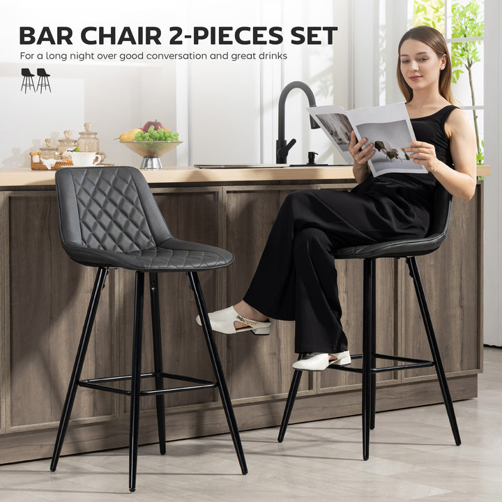 HOMCOM PU Leather Counter Height Bar Chairs Set of 2, 27.75" Bar Stools with Metal Legs for Dining Area, Kitchen Island, Brown