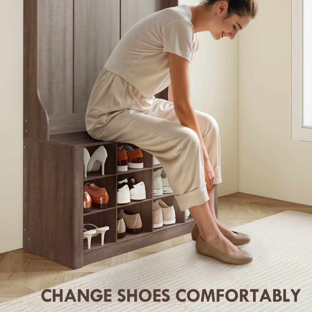 HOMCOM 4-In-1 Hall Tree with Bench and Shoe Storage, Farmhouse Coat Rack Shoe Bench with 12 Shoe Cubbies, 6 Hooks, White