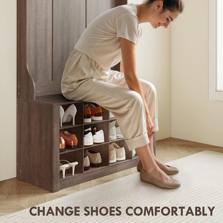 HOMCOM 4-In-1 Hall Tree with Bench and Shoe Storage, Farmhouse Coat Rack Shoe Bench with 12 Shoe Cubbies, 6 Hooks, White