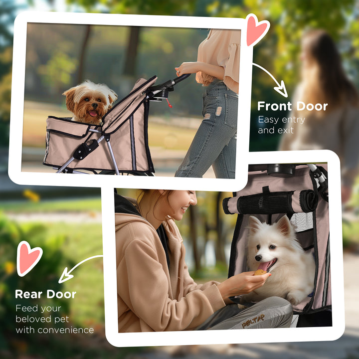 PawHut 4 Wheel Dog Pet Stroller Dog Cat Carrier Folding Sunshade Canopy with Brake, Safety Leash, Cup Holder, Brown