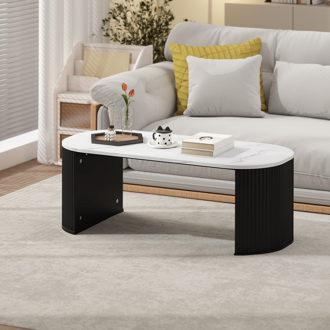 HOMCOM Coffee Table, Modern Marble-Effect Living Room Table with Round Corners and Thicken Legs, Black