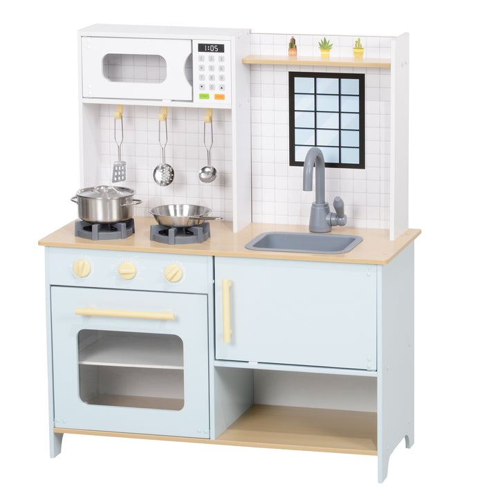 Qaba Pretend Play Kitchen, Kids Kitchen Playset with Stove Microwave Oven, Turning Knobs, Cooking Accessories