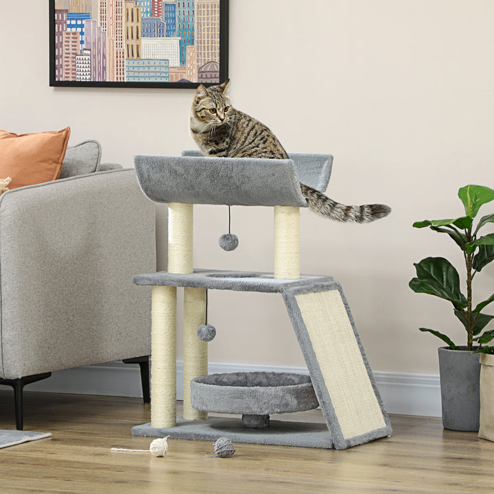 PawHut Small Cat Tree with Perch, Scratching Posts, Pad, Bed, Toy Balls, Light Grey