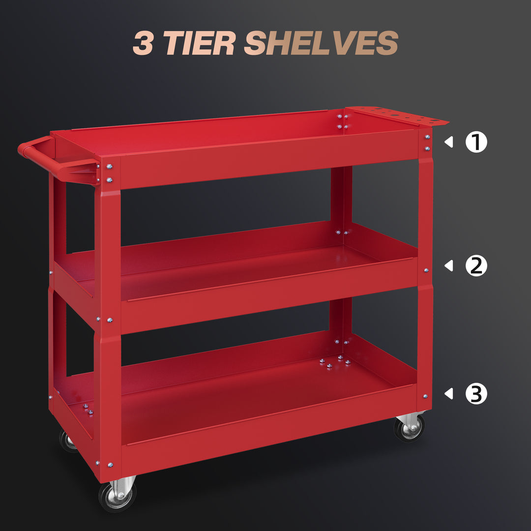 DURHAND 3 Tier Rolling Tool Cart with Wheels, 330 LBS Capacity Heavy Duty Utility Cart, Mobile Service Cart for Garage, Red