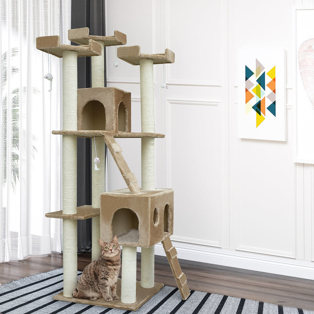 PawHut 71-Inch Cat Tree Furniture Pet Tower House with Scratch Post and Condo, Beige