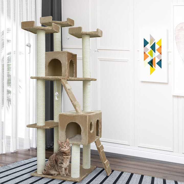 PawHut 71-Inch Cat Tree Furniture Pet Tower House with Scratch Post and Condo, Beige