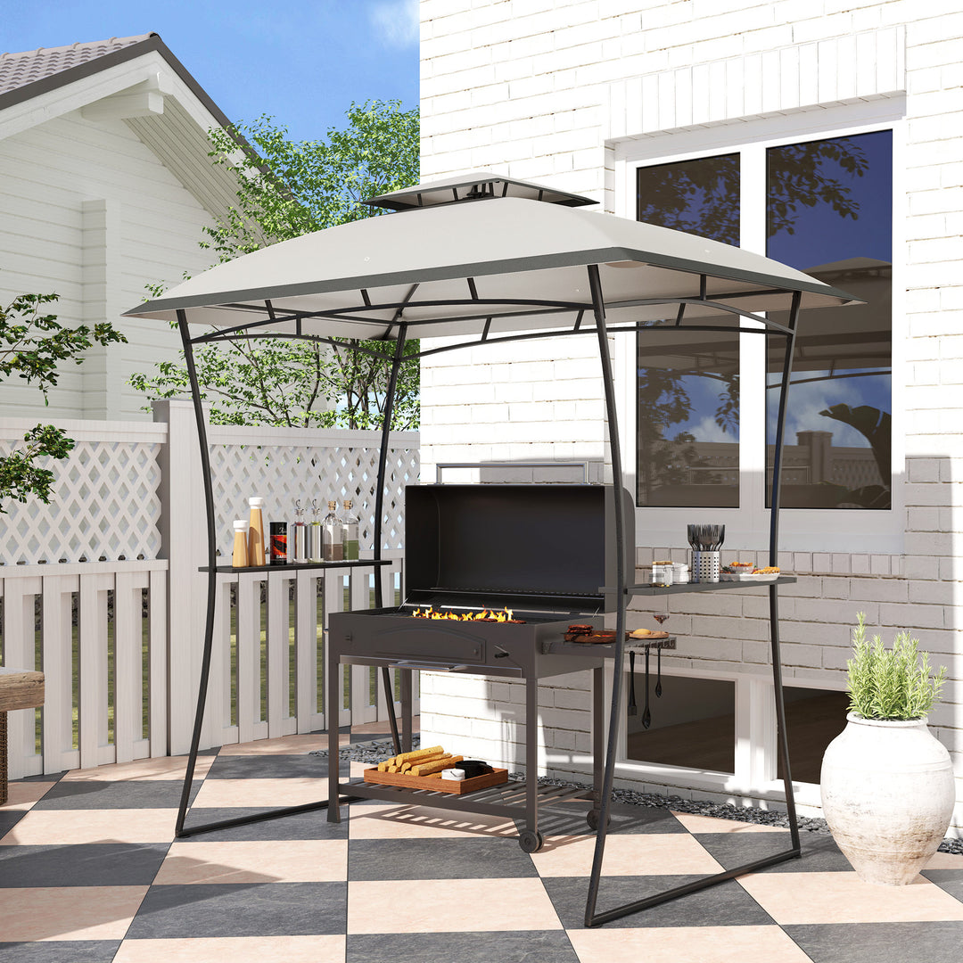 Outsunny 8' x 5' Outdoor Grill Gazebo, Double Tiered Barbecue Grill Gazebo Shelter with 2 Side Shelves and Hook, Light Grey