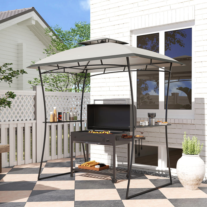 Outsunny 8' x 5' Outdoor Grill Gazebo, Double Tiered Barbecue Grill Gazebo Shelter with 2 Side Shelves and Hook, Light Grey