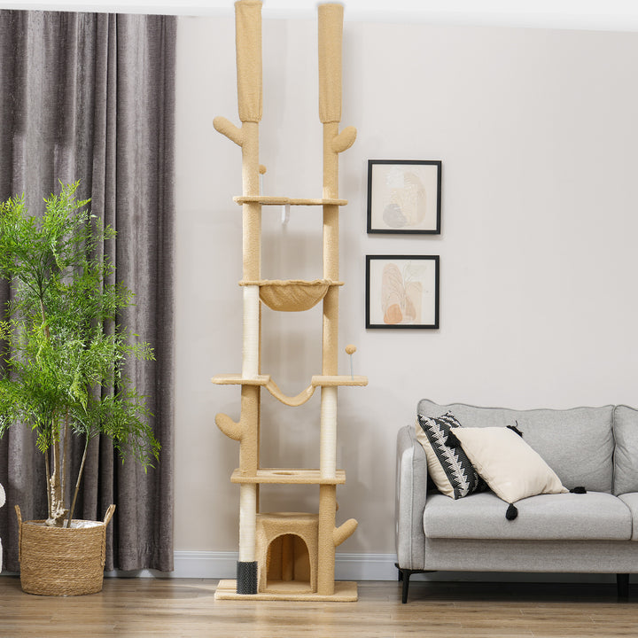 PawHut 89"-100" Floor to Ceiling Cat Tree Cat Tower for Large Cats w/ Scratching Posts, Grooming Brush Post, Cat Condo, Green