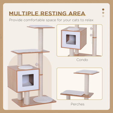 PawHut 47" Wood Cat Tree, Kitty Scratching Post, Kitten House, Condo Activity Center w/ Cushions, Pet Furniture