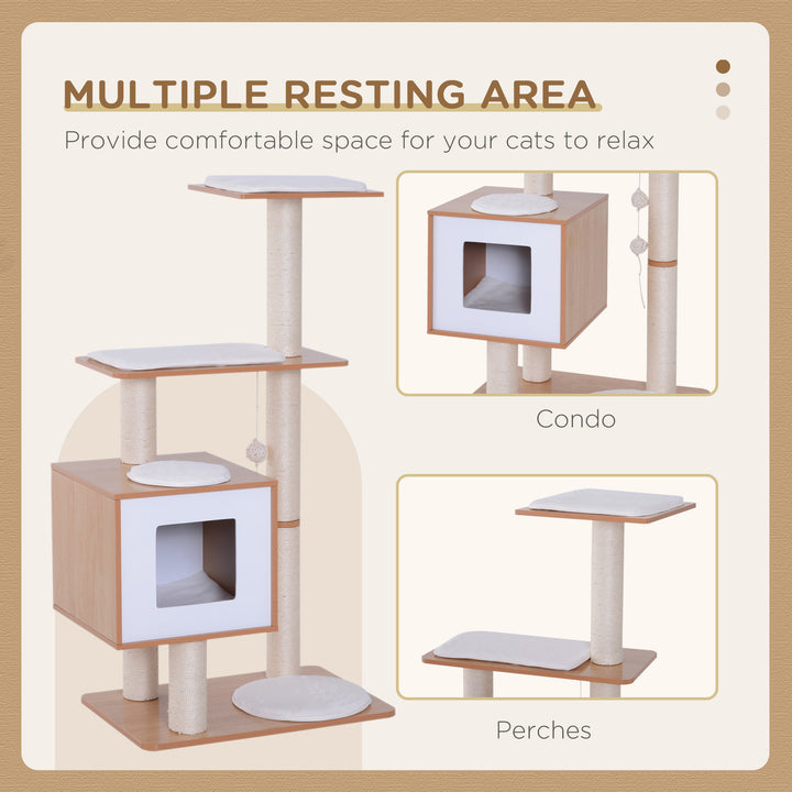 PawHut 47" Wood Cat Tree, Kitty Scratching Post, Kitten House, Condo Activity Center w/ Cushions, Pet Furniture