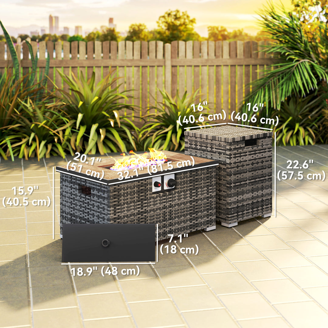 Outsunny 32" Propane Fire Pit Table 40,000 BTU Rattan Outdoor Gas Fire Table with Hideaway Propane Tank Holder, Waterproof Cover