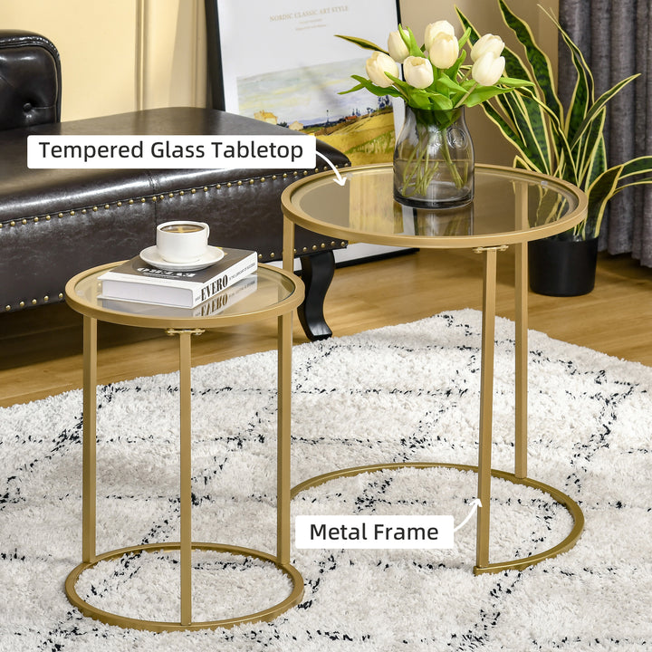 HOMCOM Set of 2 Nesting Coffee Tables with Metal Base, Round Side Table with Tempered Glass Tabletop for Living Room, Bedroom, Black