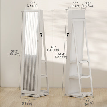 HOMCOM 360° Swivel Jewelry Armoire, Lockable Mirror Jewelry Cabinet with Built-In Small Mirror, White