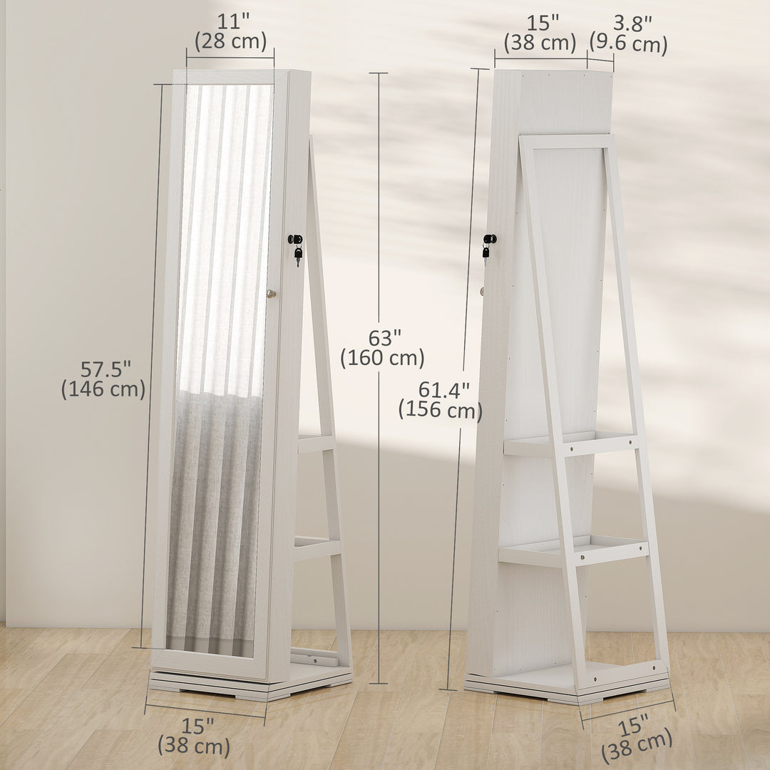 HOMCOM 360° Swivel Jewelry Armoire, Lockable Mirror Jewelry Cabinet with Built-In Small Mirror, White