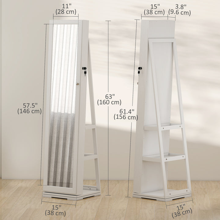 HOMCOM 360° Swivel Jewelry Armoire, Lockable Mirror Jewelry Cabinet with Built-In Small Mirror, White