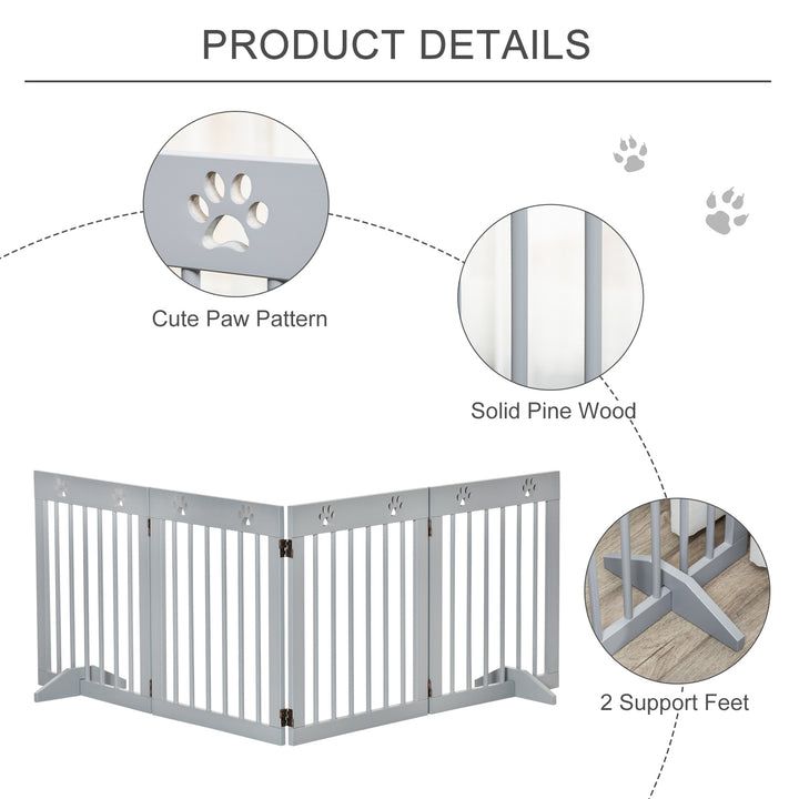 PawHut Freestanding Pet Gate 4 Panel Wooden Dog Barrier Folding Safety Fence with Support Feet for Doorway Stairs Light Grey