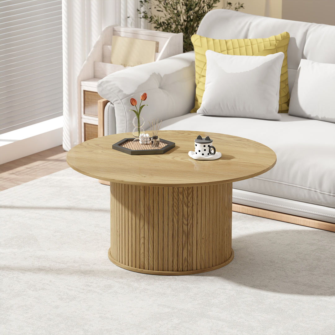 HOMCOM 31.5" Round Coffee Table, Nordic Style Center Table with Fluted Cylindrical Base for Living Room, Oak
