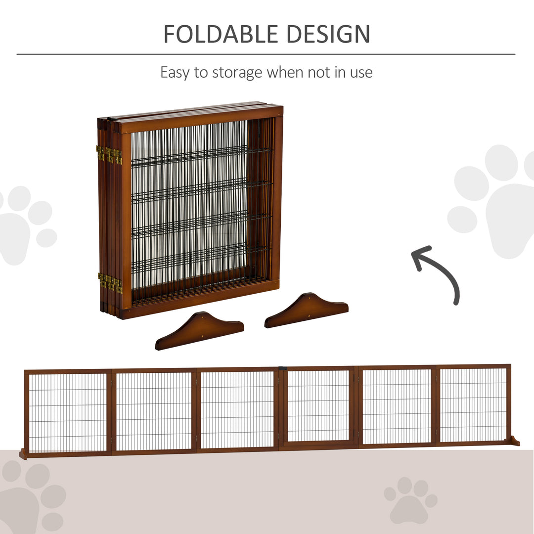 PawHut Wooden Pet Gate, Dog Safety Barrier, Freestanding Foldable Fence, w/ 6 Panels, 2 Support Feet, for House Doorway Stairs, Small & Medium Dogs, Coffee