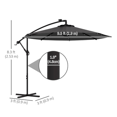 Outsunny 9.5' Offset Patio Umbrella Garden Parasol with Solar LED Lights and Weights, Dark Grey
