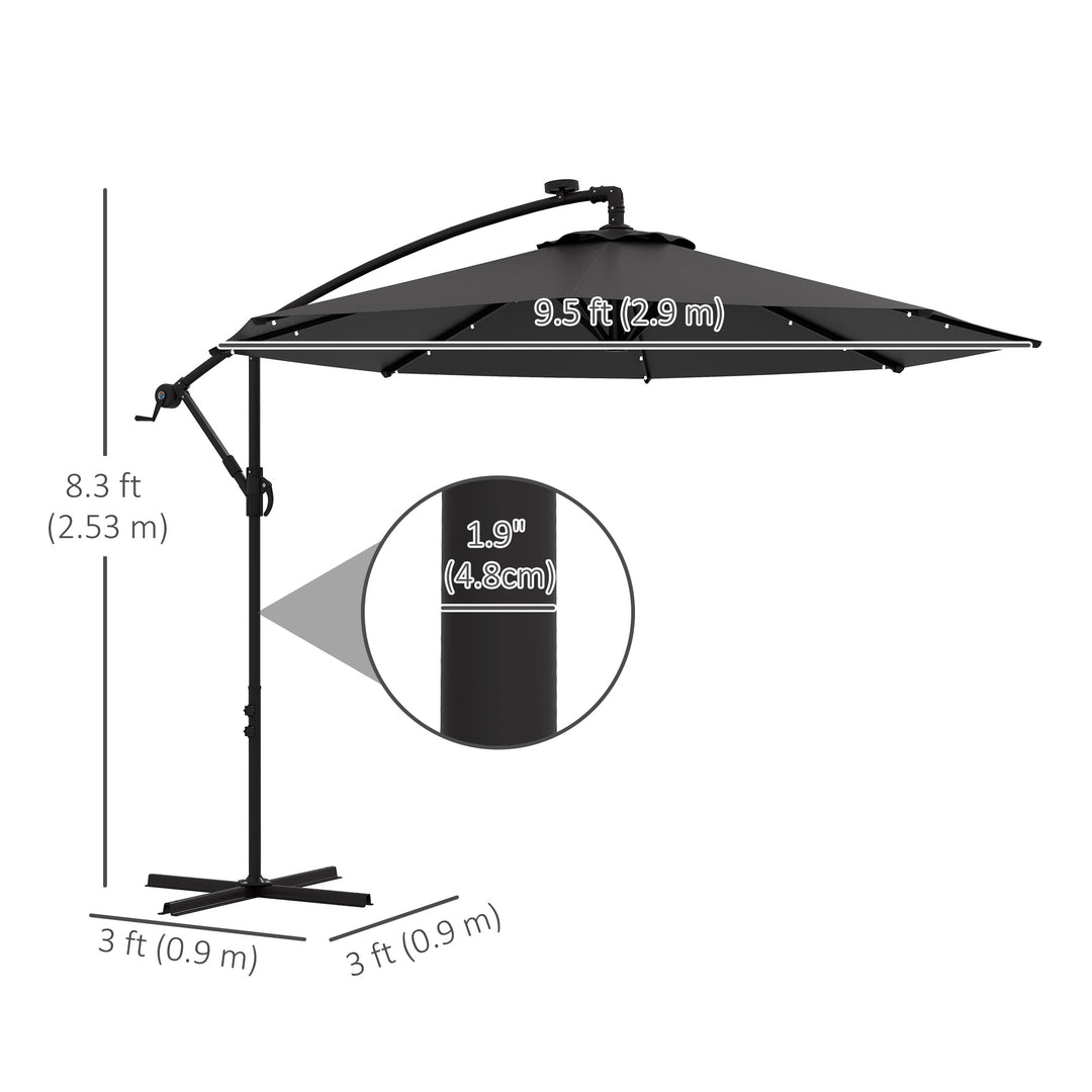 Outsunny 9.5' Offset Patio Umbrella Garden Parasol with Solar LED Lights and Weights, Dark Grey