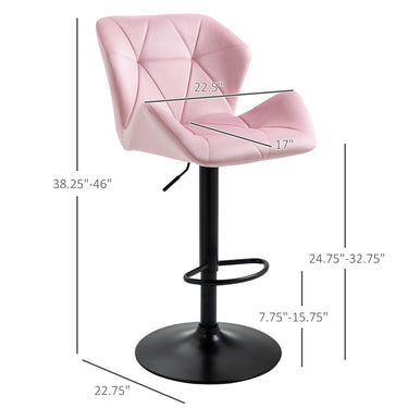 HOMCOM Velvet-Touch Bar Stool Set of 2 Fabric Adjustable Height Armless Counter Chairs with Swivel Seat, Pink