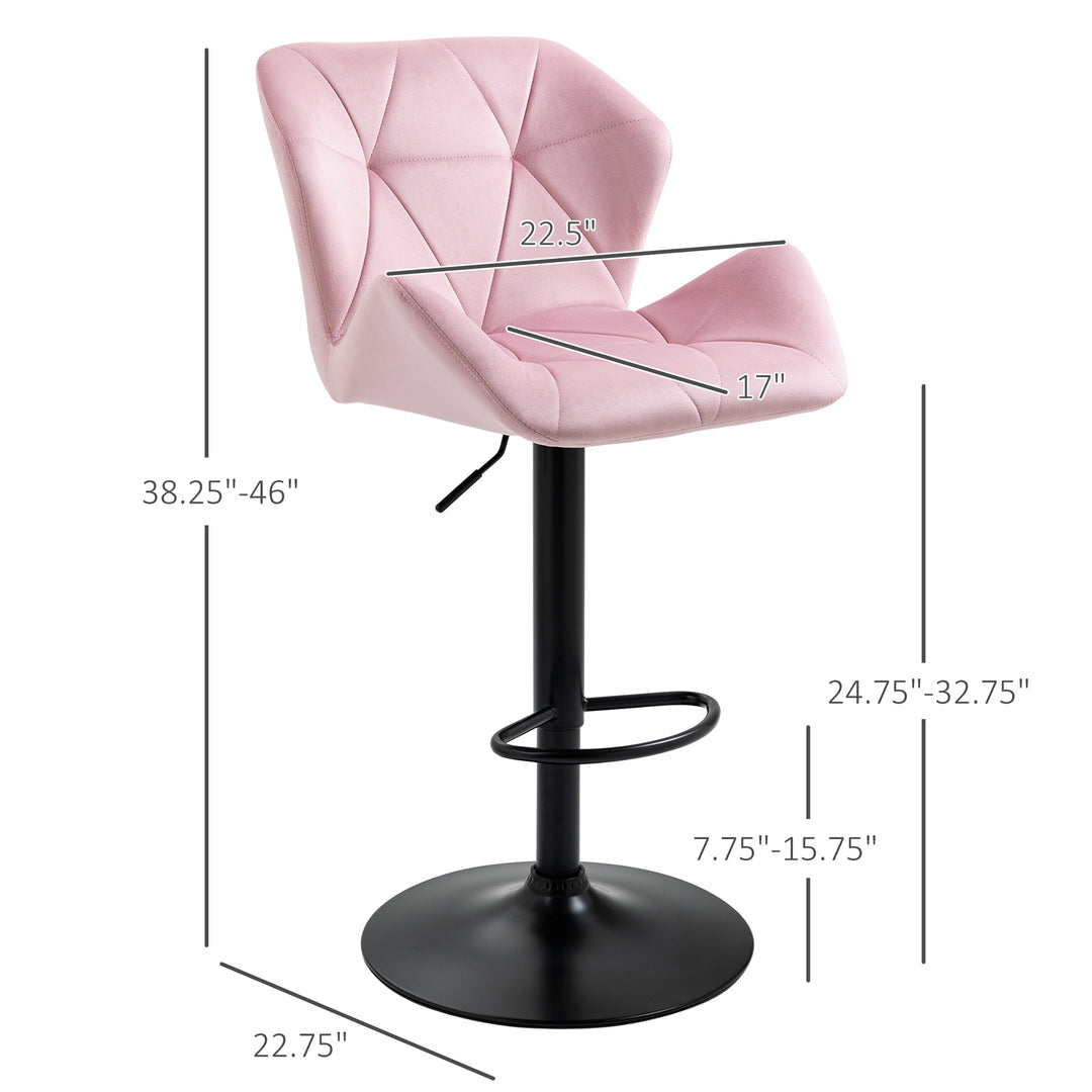 HOMCOM Velvet-Touch Bar Stool Set of 2 Fabric Adjustable Height Armless Counter Chairs with Swivel Seat, Pink