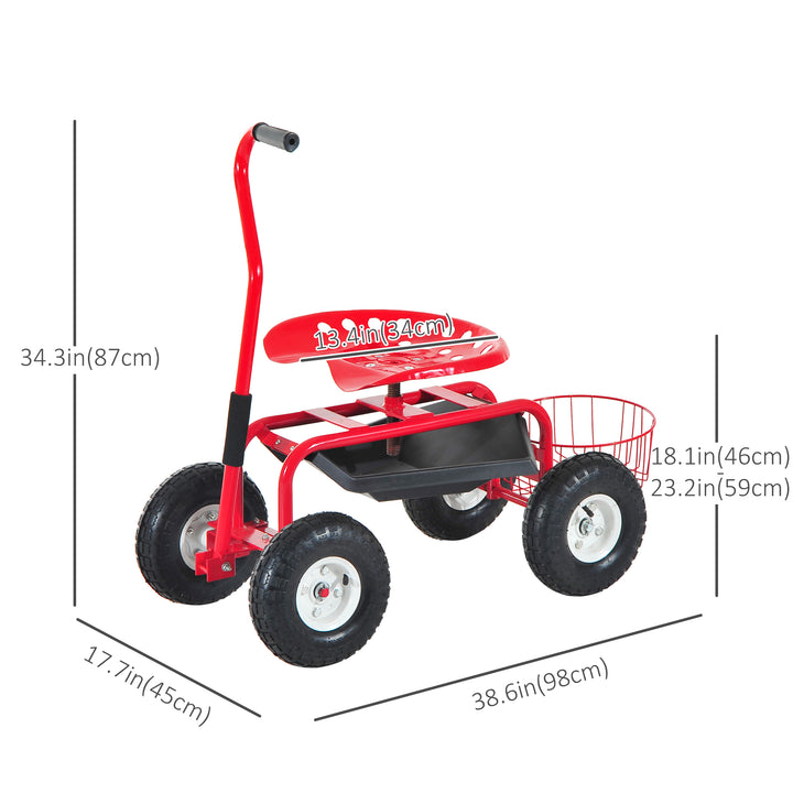 Outsunny Garden Scooter, Rolling Cart with Swivel and Adjustable Seat, Tool Tray, Bucket Basket, Red and Black