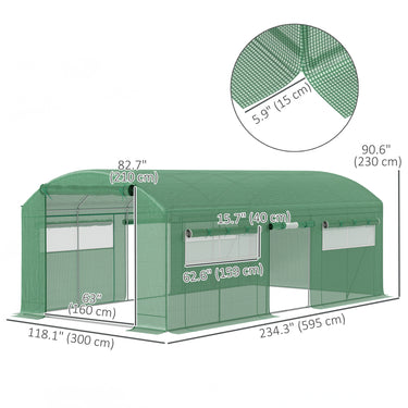 Outsunny 19.5' x 10' x 7.5' Walk-in Tunnel Greenhouse with 3 Roll-Up Doors and Large Mesh Windows, Outdoor Green House, Plant Hot House Tent with Galvanized Steel Frame, Green