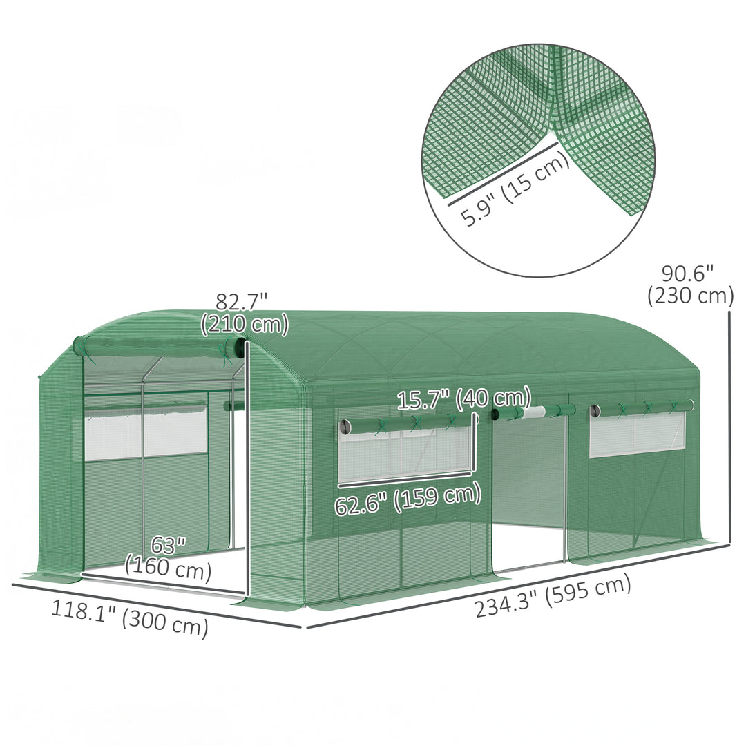Outsunny 19.5' x 10' x 7.5' Walk-in Tunnel Greenhouse with 3 Roll-Up Doors and Large Mesh Windows, Outdoor Green House, Plant Hot House Tent with Galvanized Steel Frame, Green