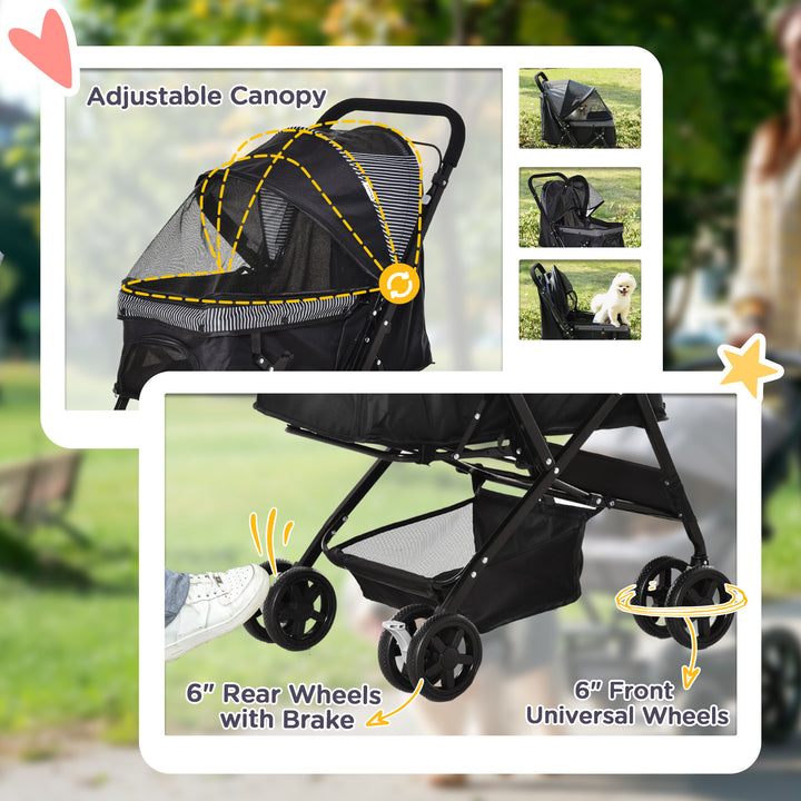 PawHut Foldable Cat Dog Travel Carriage, 4 Wheels Pet Stroller with EVA Wheel Brake, 3-stage Canopy, Mesh Window Door, Black
