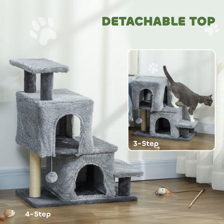 PawHut 4-Step Pet Stairs, Adjustable Height Cat Stairs with Scratching Posts Cat Condo, Hanging Ball for High Bed, Grey