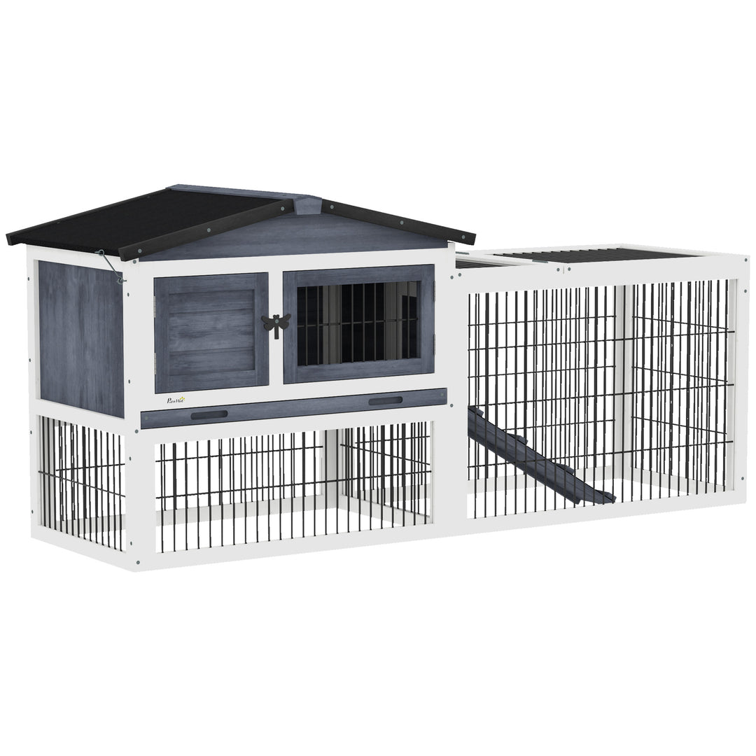 PawHut Wood Rabbit Hutch w/ Ramp, Openable Roof, Pull-out Tray, Light Grey