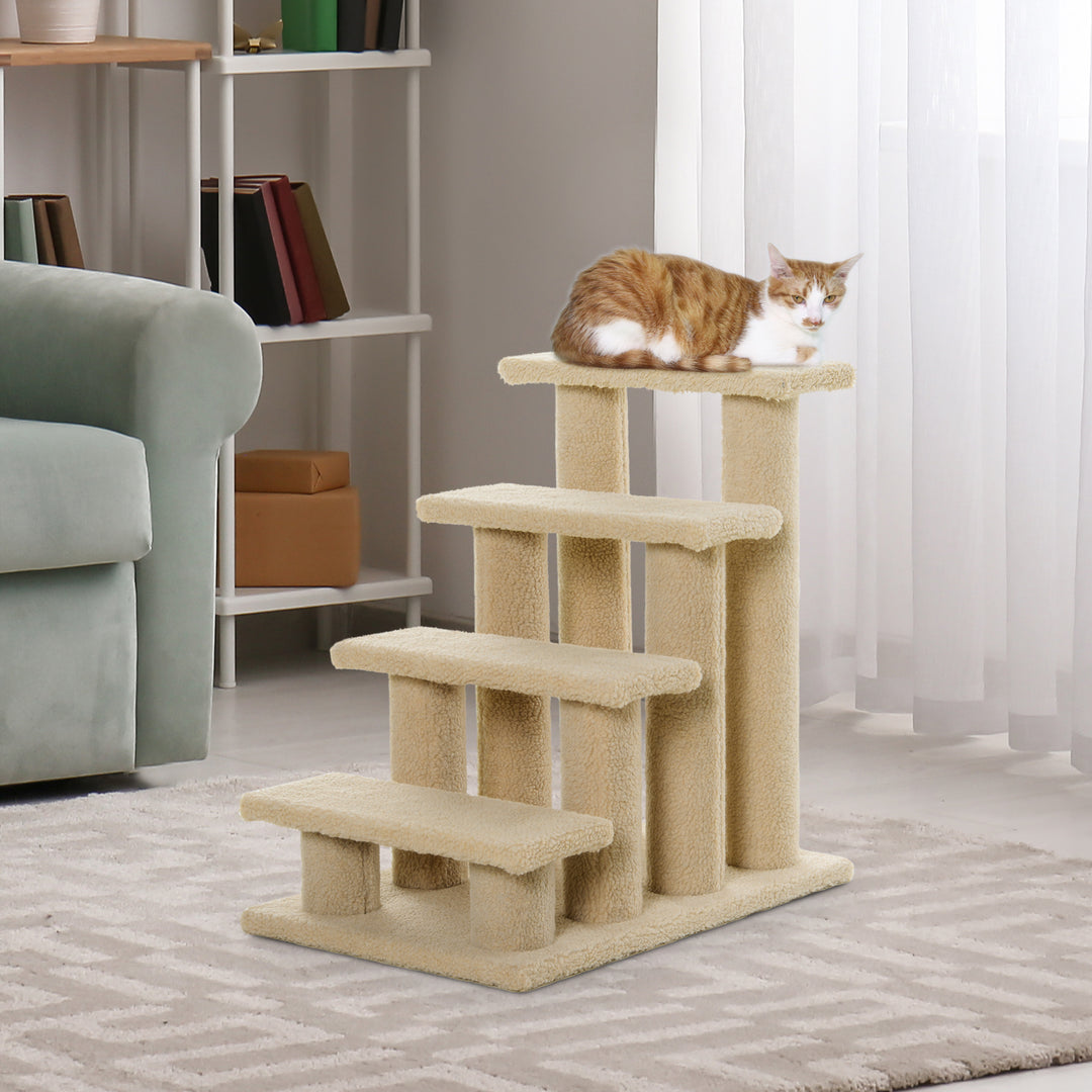 PawHut 23.5" 4 Tier Pet Stairs Dog Cat Step Scratch Post Furniture, Cream White