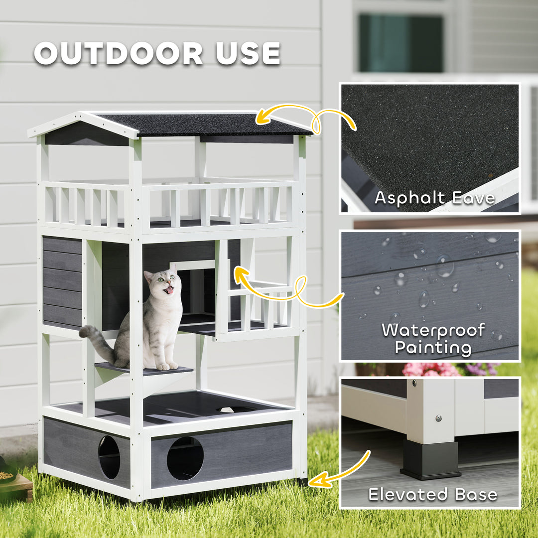 PawHut 4-Floor Wood Outdoor Cat House Catio for Cats with Condo, Fun Entrances, Perch, Grey