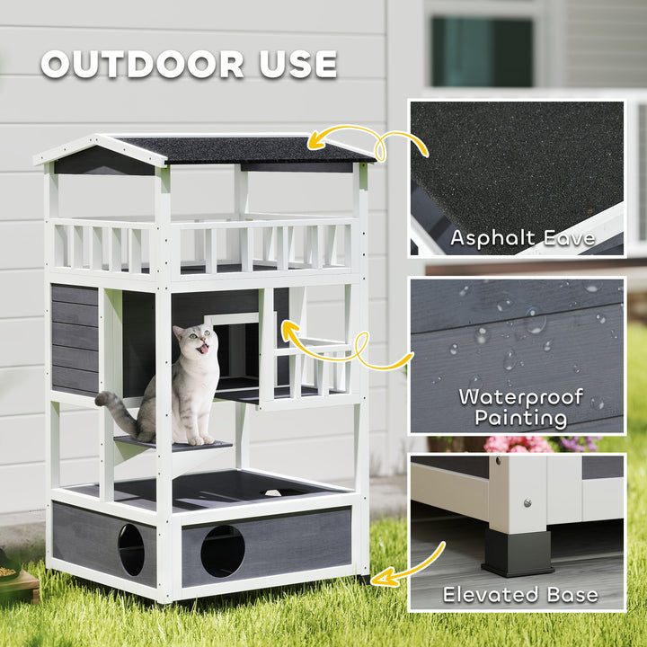 PawHut 4-Floor Wood Outdoor Cat House Catio for Cats with Condo, Fun Entrances, Perch, Grey