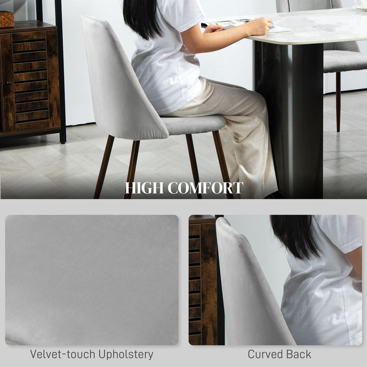HOMCOM Upholstered Dining Chairs Set of 6, Velvet Accent Chair with Back and Wood-grain Steel Leg for Kitchen, Grey