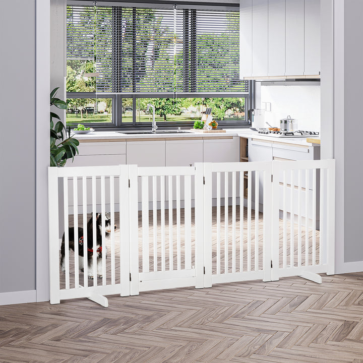 PawHut 4 Panel Free Standing Wooden Pet Gate with Open Door Black