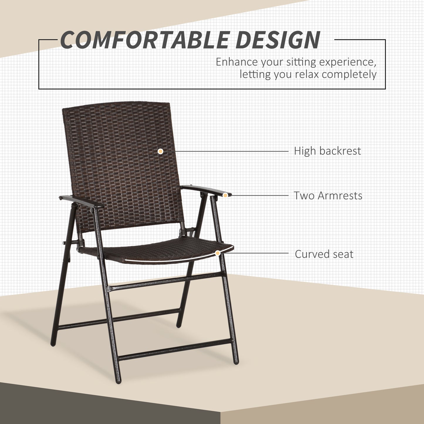 Outsunny Outdoor Wicker Dining Chair Set of 4, Rattan Foldable Chair with Steel Frame for Garden, Backyard, Porch, Brown