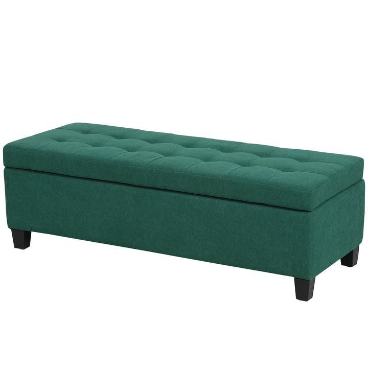 HOMCOM Rectangular Entry Bench, Tufted Upholstered Linen Fabric Wood Feet Storage Ottoman Bench, Dark Green