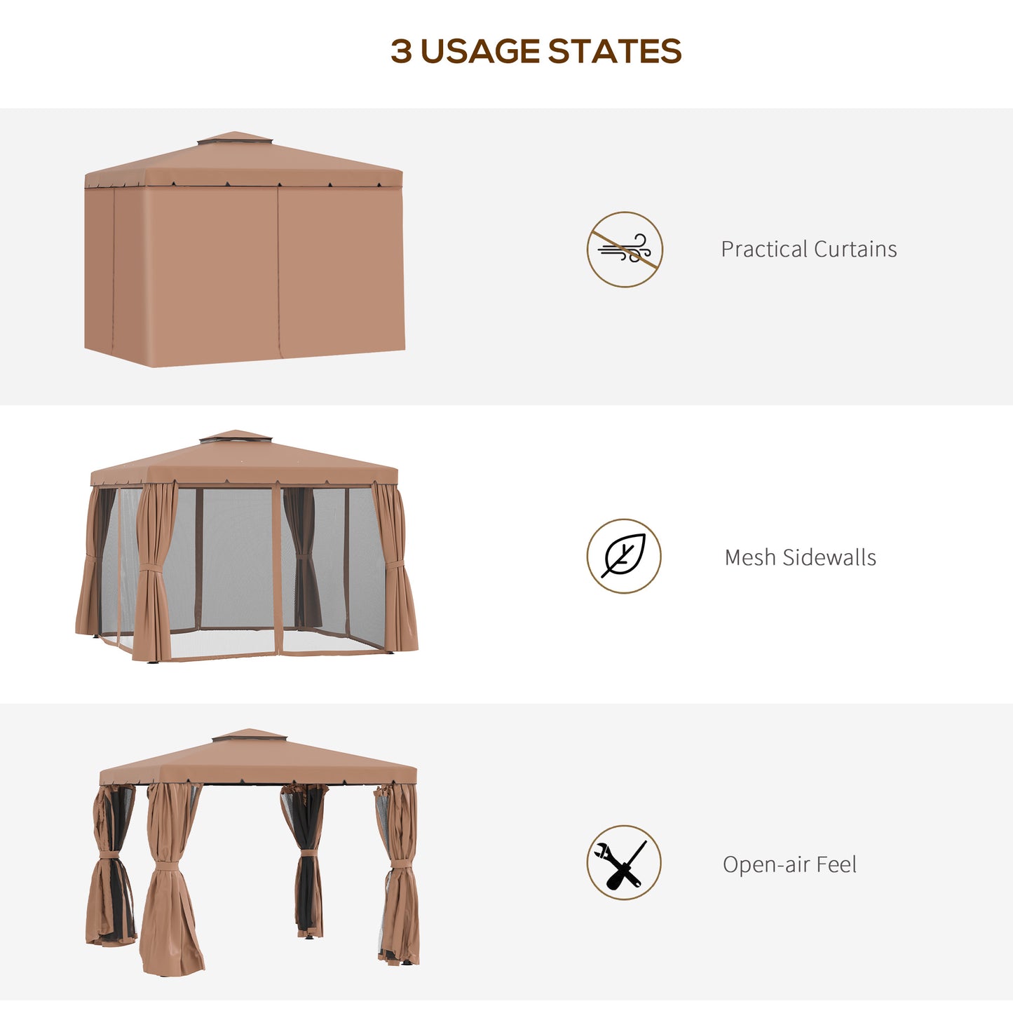 Outsunny 10' x 10' Outdoor Patio Gazebo Double Soft-top Garden Shelter Tent with Curtains, & Mesh Screen Drapes, Brown