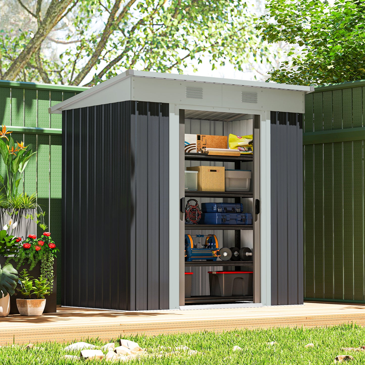 Outsunny 7' x 4' Outdoor Storage Shed, Metal Garden Tool Storage House Organizer with Lockable Sliding Doors and Vents for Backyard Patio Lawn, Charcoal Grey