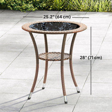 Outsunny Outdoor Rattan Dining Table, Patio Wicker Round Coffee Table with 2-Tier Storage Shelf, Brown