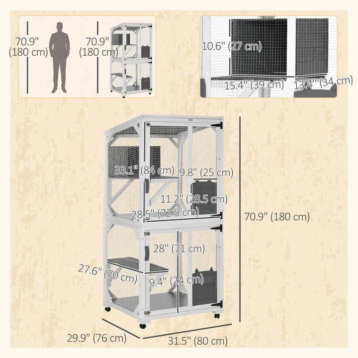 PawHut Catio Outdoor, Elevated Design, with Wheels, Resting Box, Water-Resistant, Multi Platforms, White & Grey